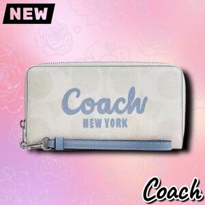 New NWT Coach Long Zip Around Wallet – Signature Canvas in Sv/Chalk/Bluebell